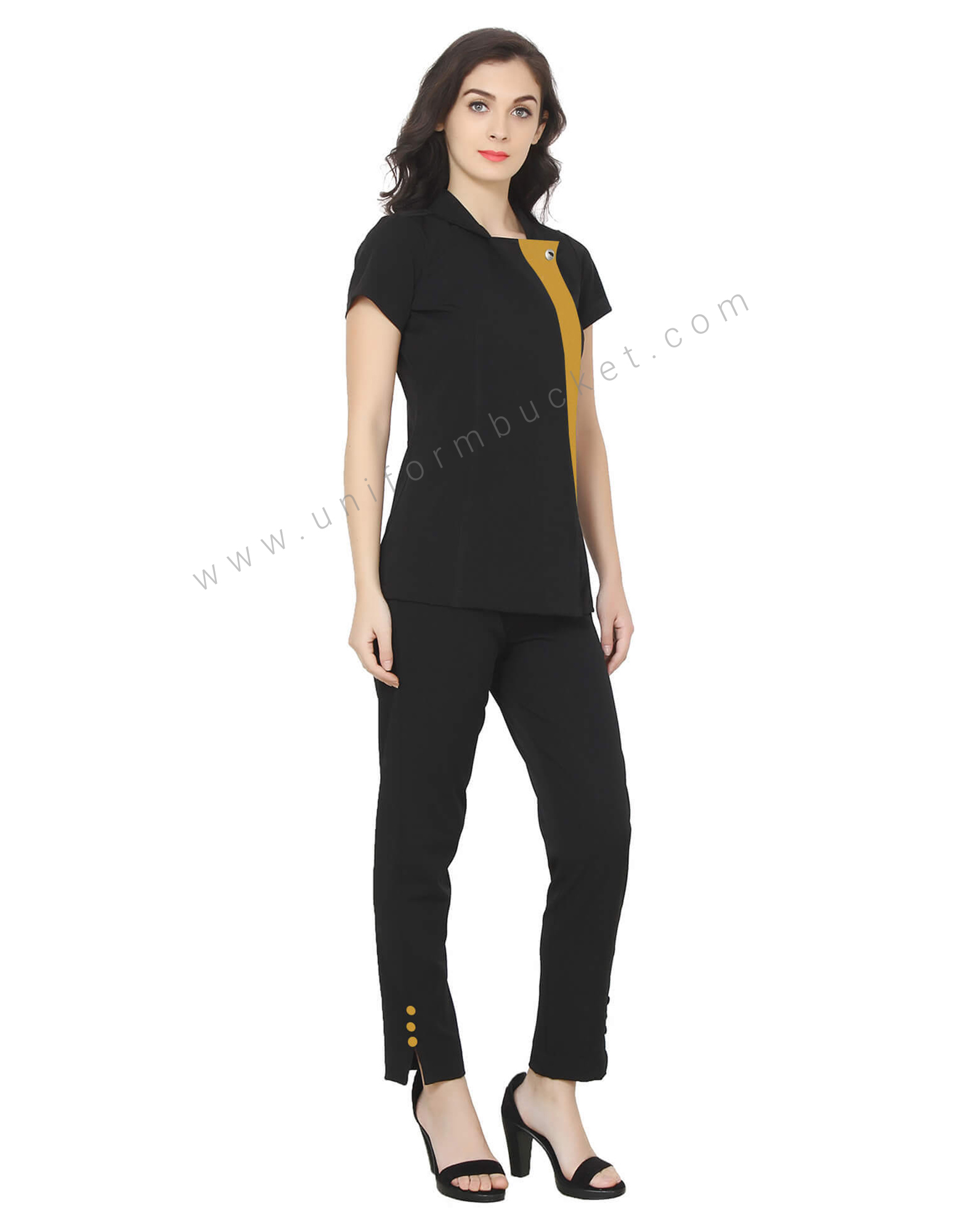 Single Button Black Tunic With Golden Yellow Trim