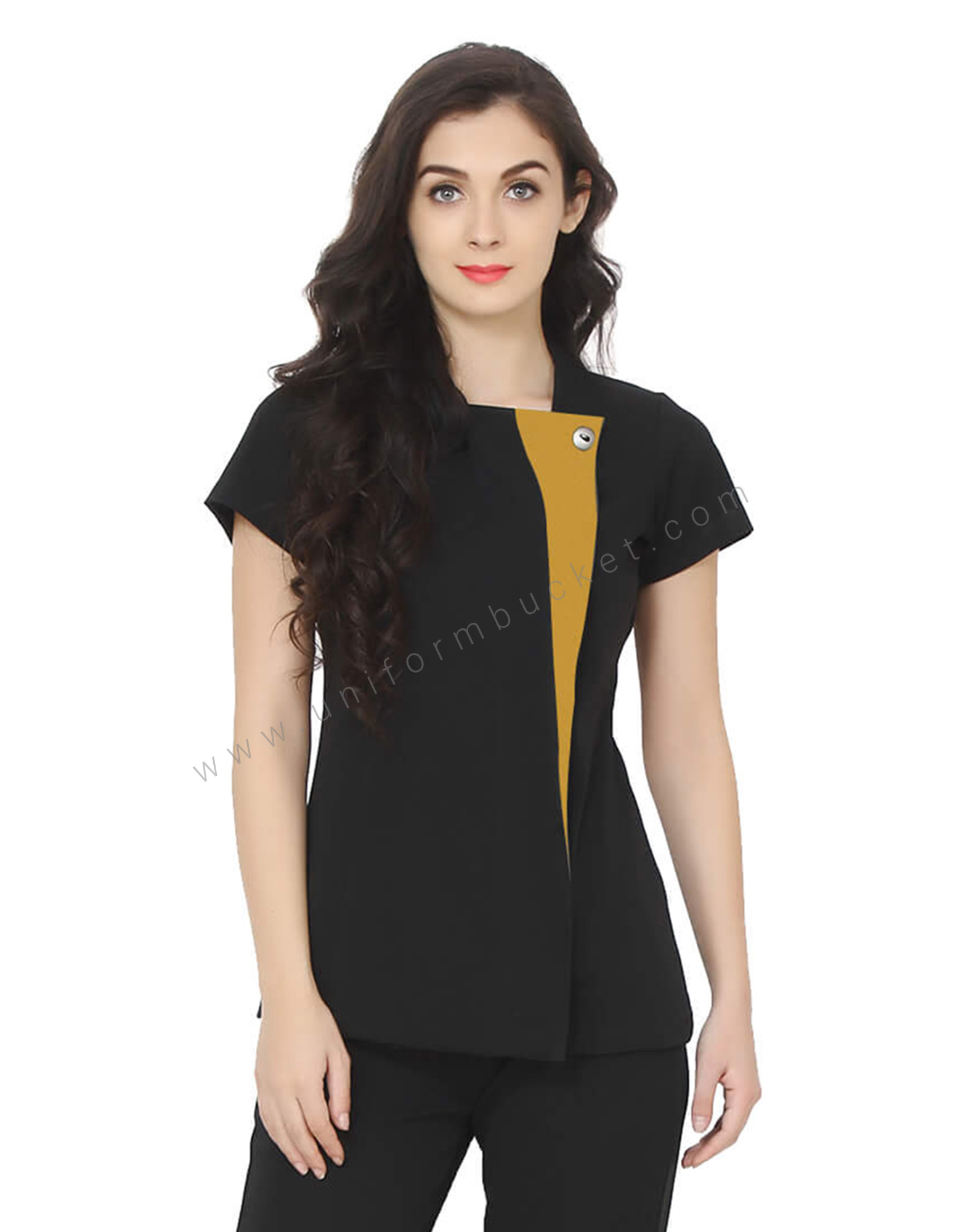 Single Button Black Tunic With Golden Yellow Trim