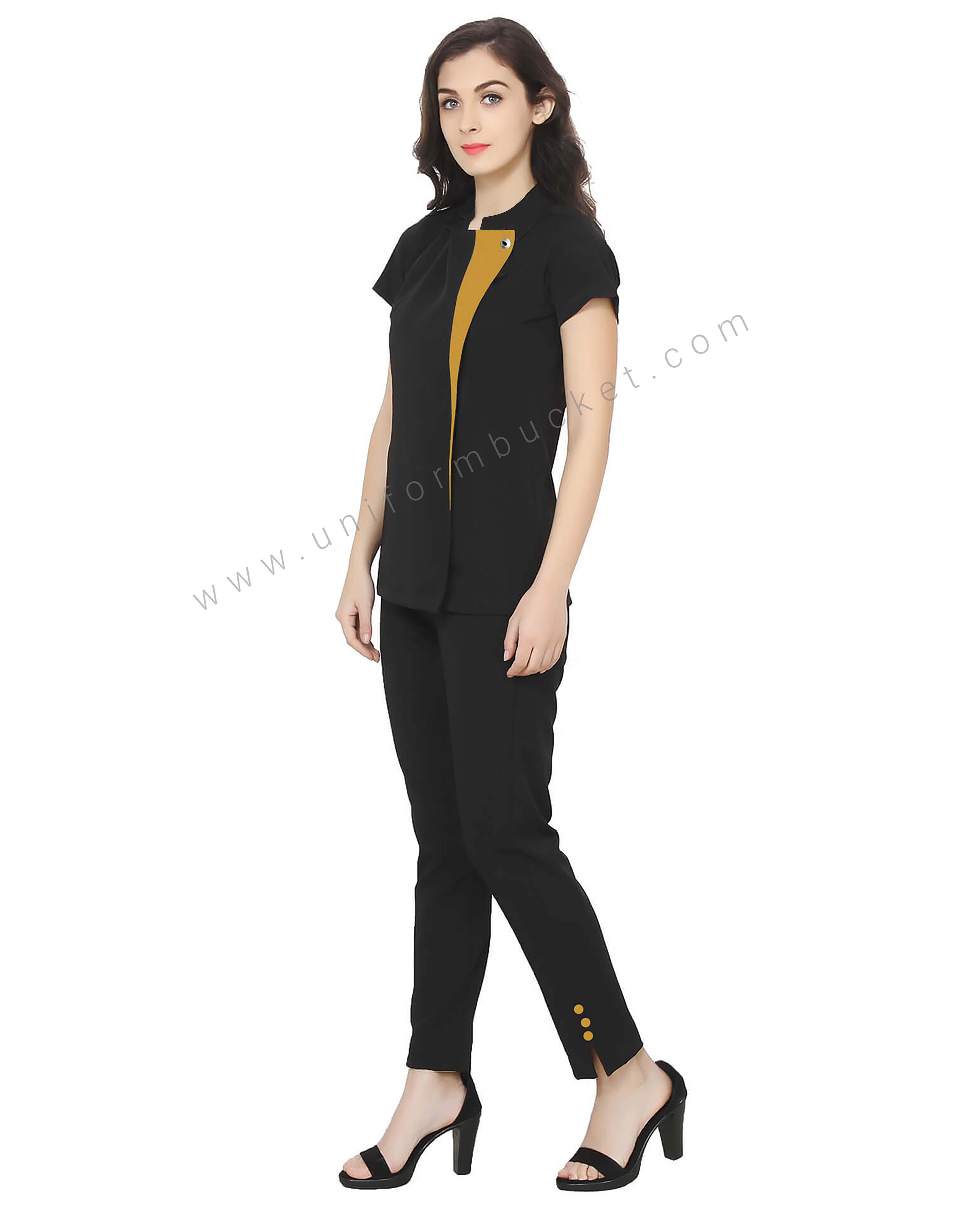 Single Button Black Tunic With Golden Yellow Trim