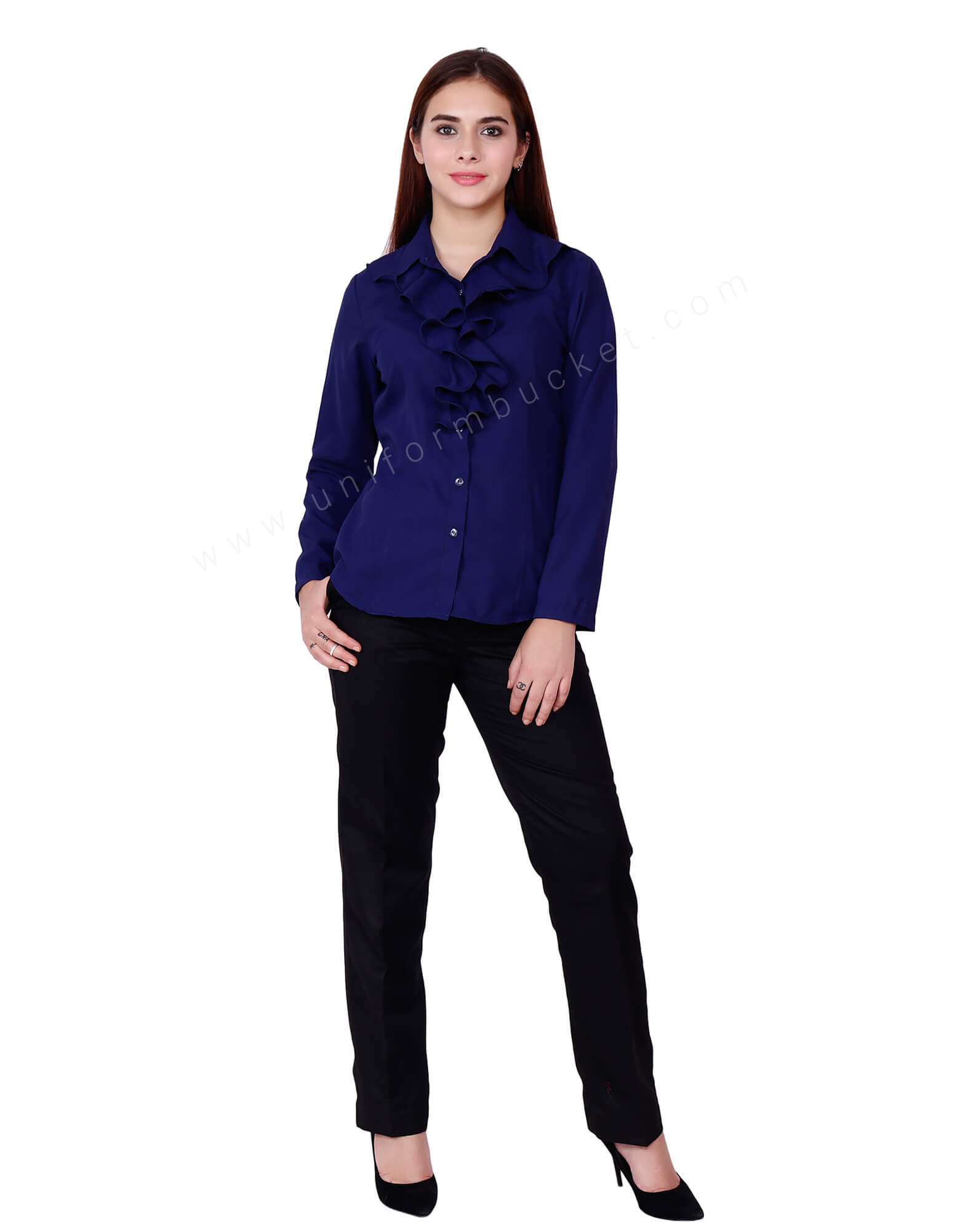 Buy Navy Blue Ruffle Collar Shirt For Women Online @ Best Prices in ...