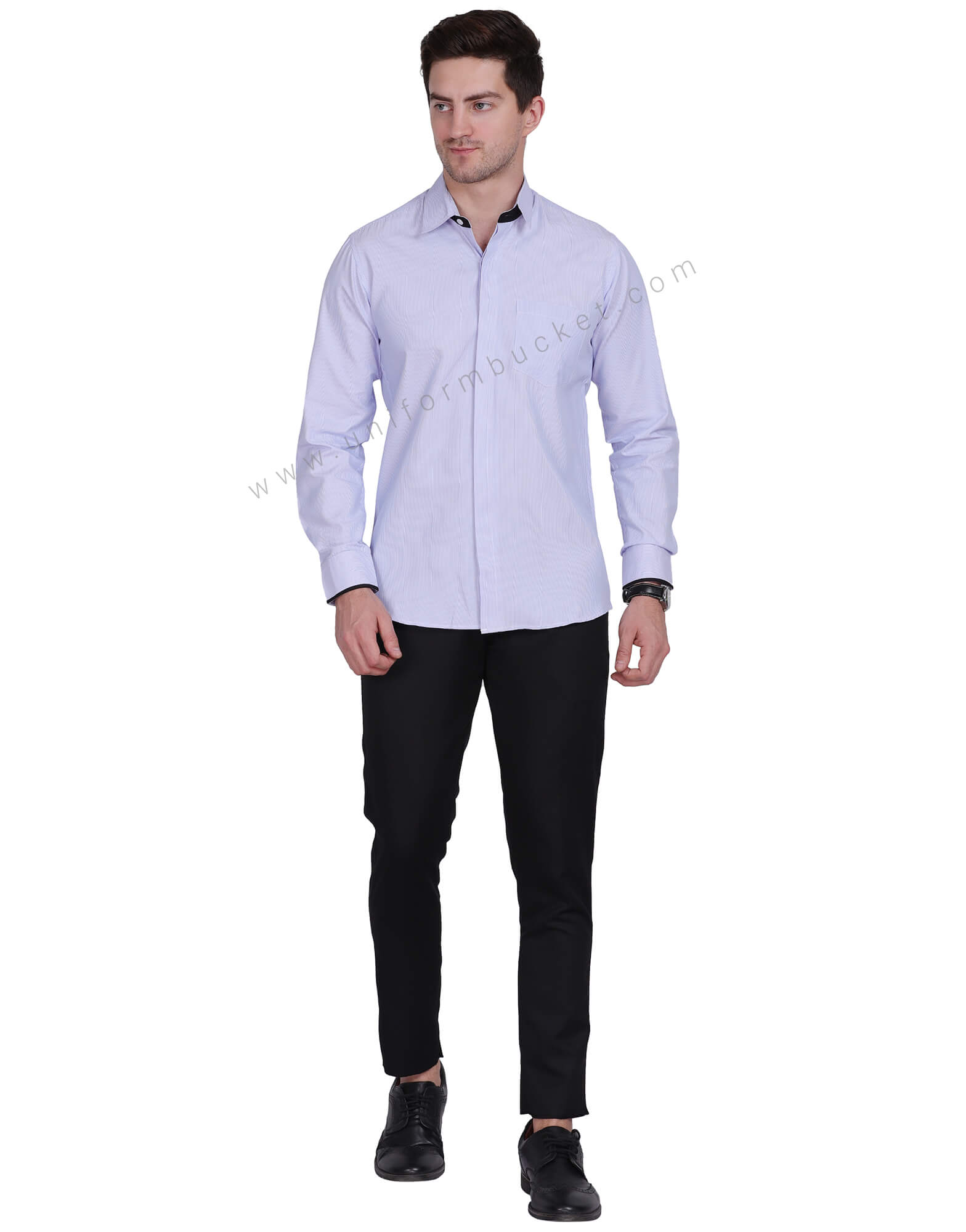 BLUE & WHITE LINING HIDDEN PLACKET SHIRT WITH BLACK TRIM