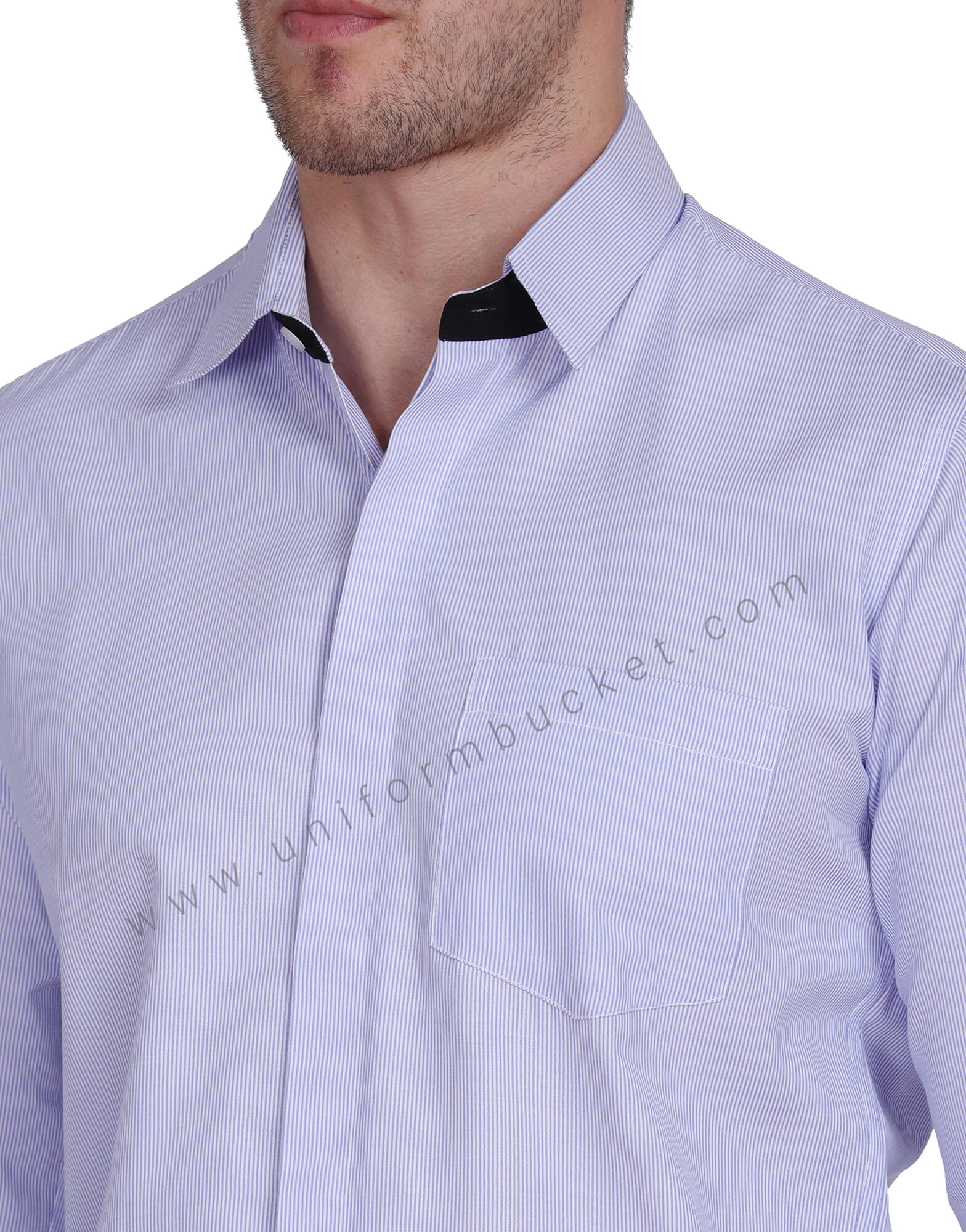 BLUE & WHITE LINING HIDDEN PLACKET SHIRT WITH BLACK TRIM