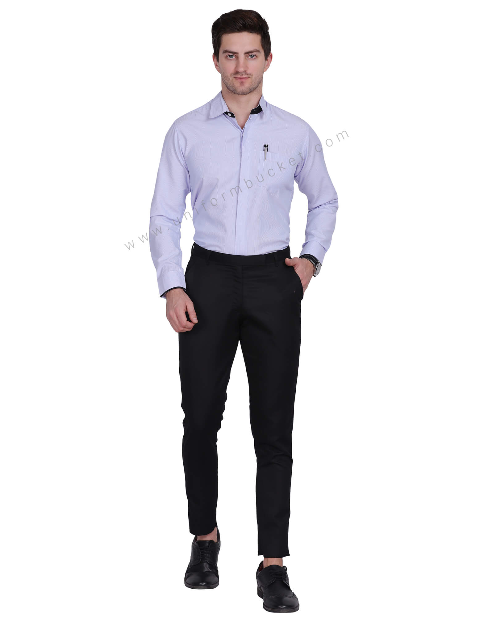 BLUE & WHITE LINING HIDDEN PLACKET SHIRT WITH BLACK TRIM