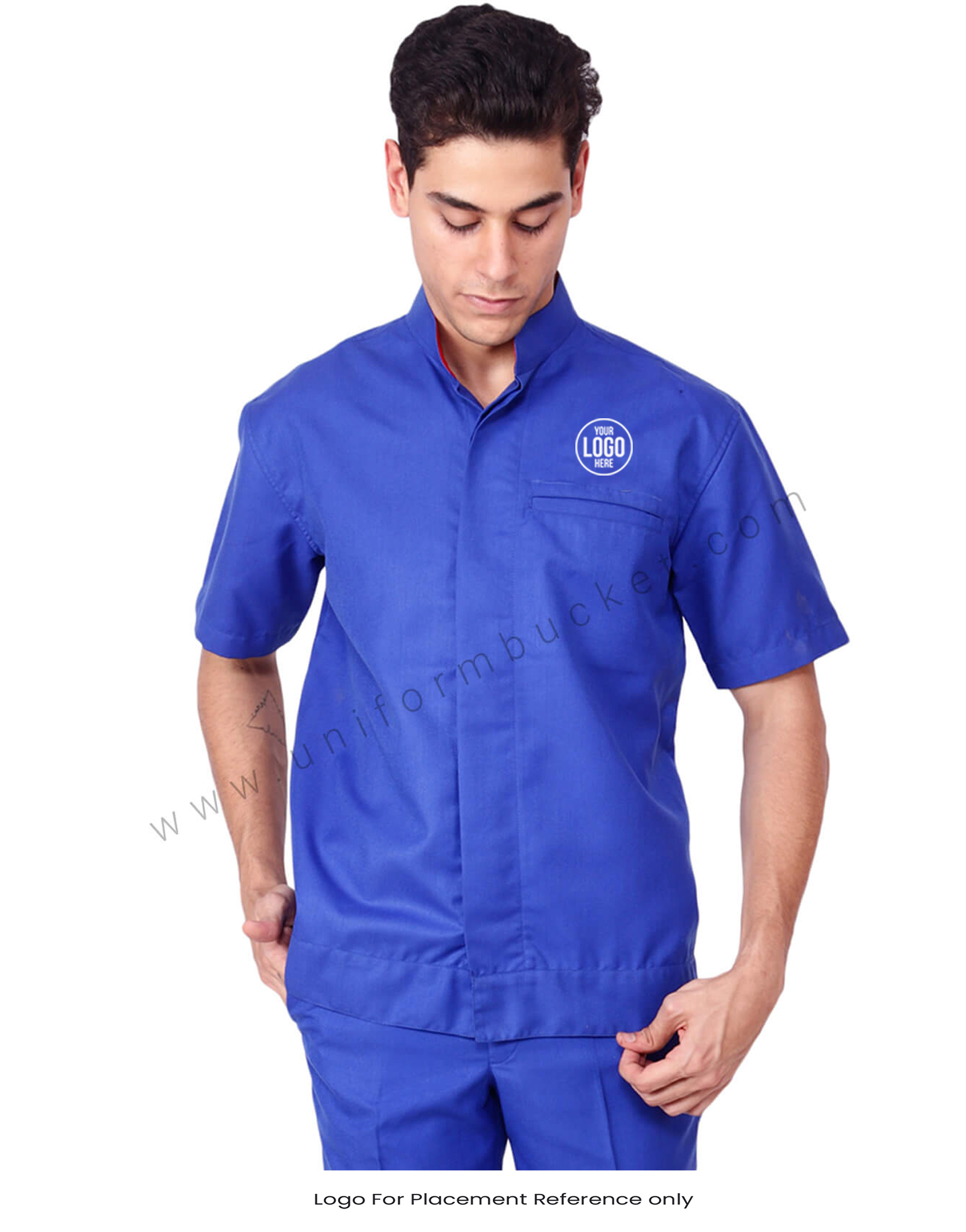 Blue Workwear Shirt With Band Collar For Men