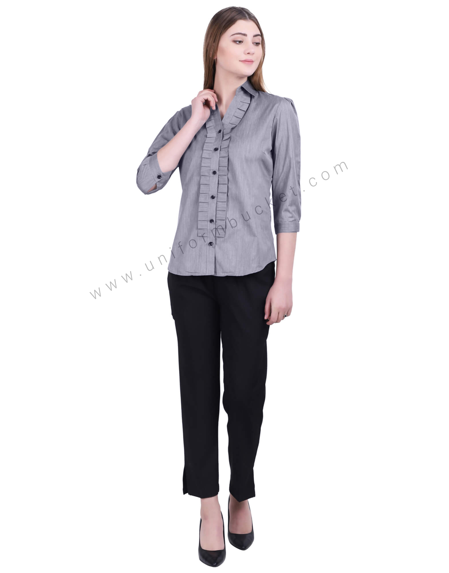 Black Button- Down Grey Shirt With Ruffles