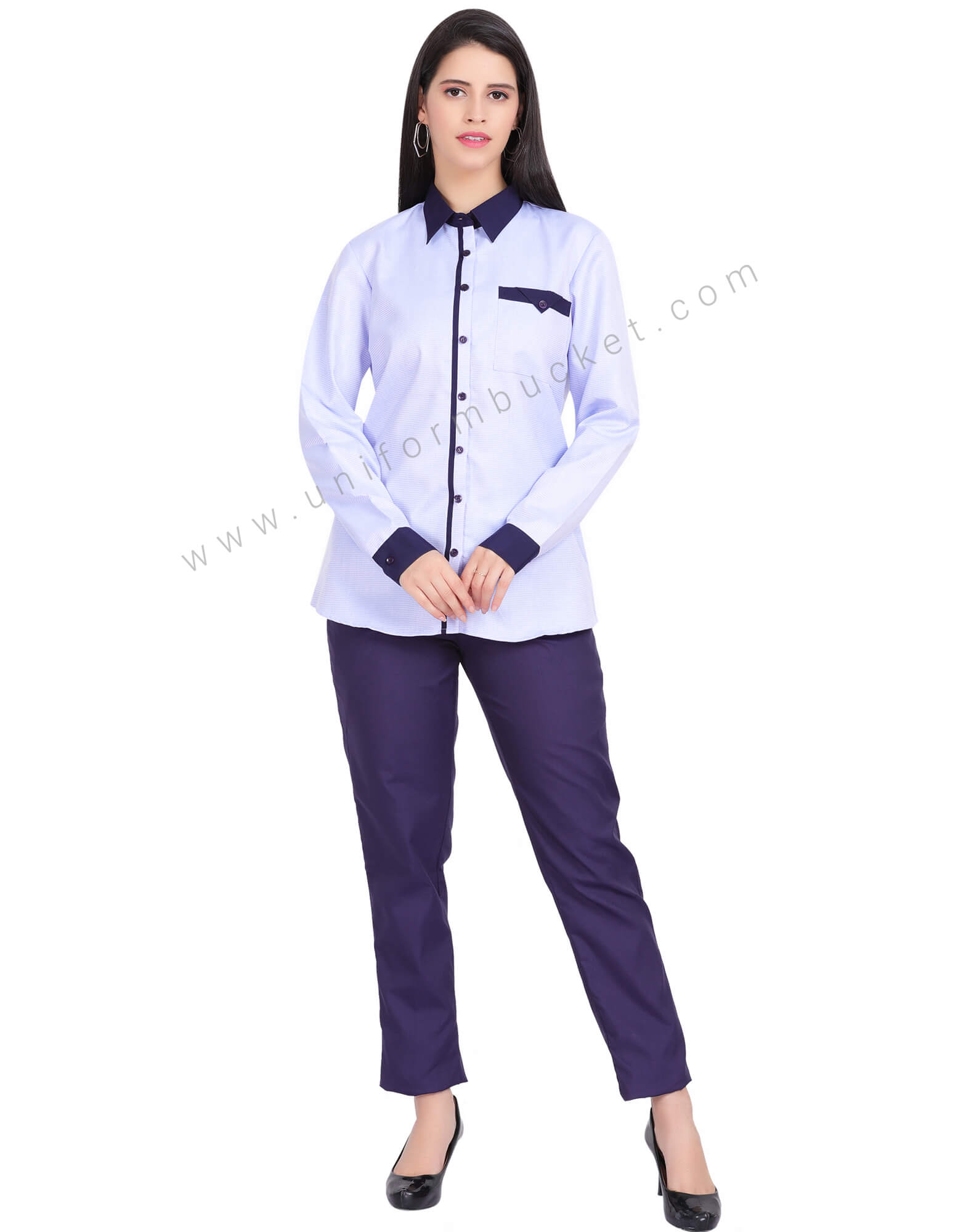 female blue dotted shirt with navy blue piping 64248