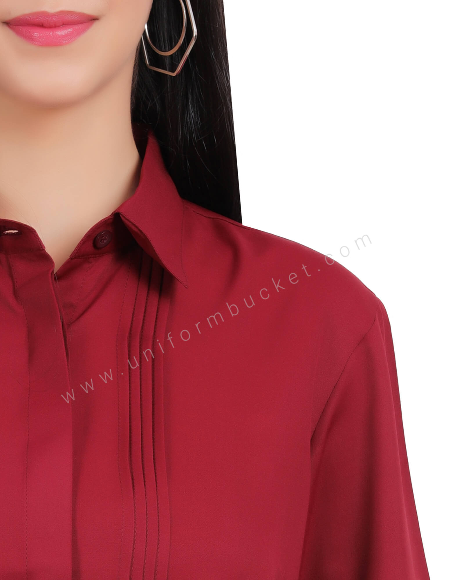 FEMALE MAROON HIDDEN PLACKET SHIRT WITH FRONT  TUCKS