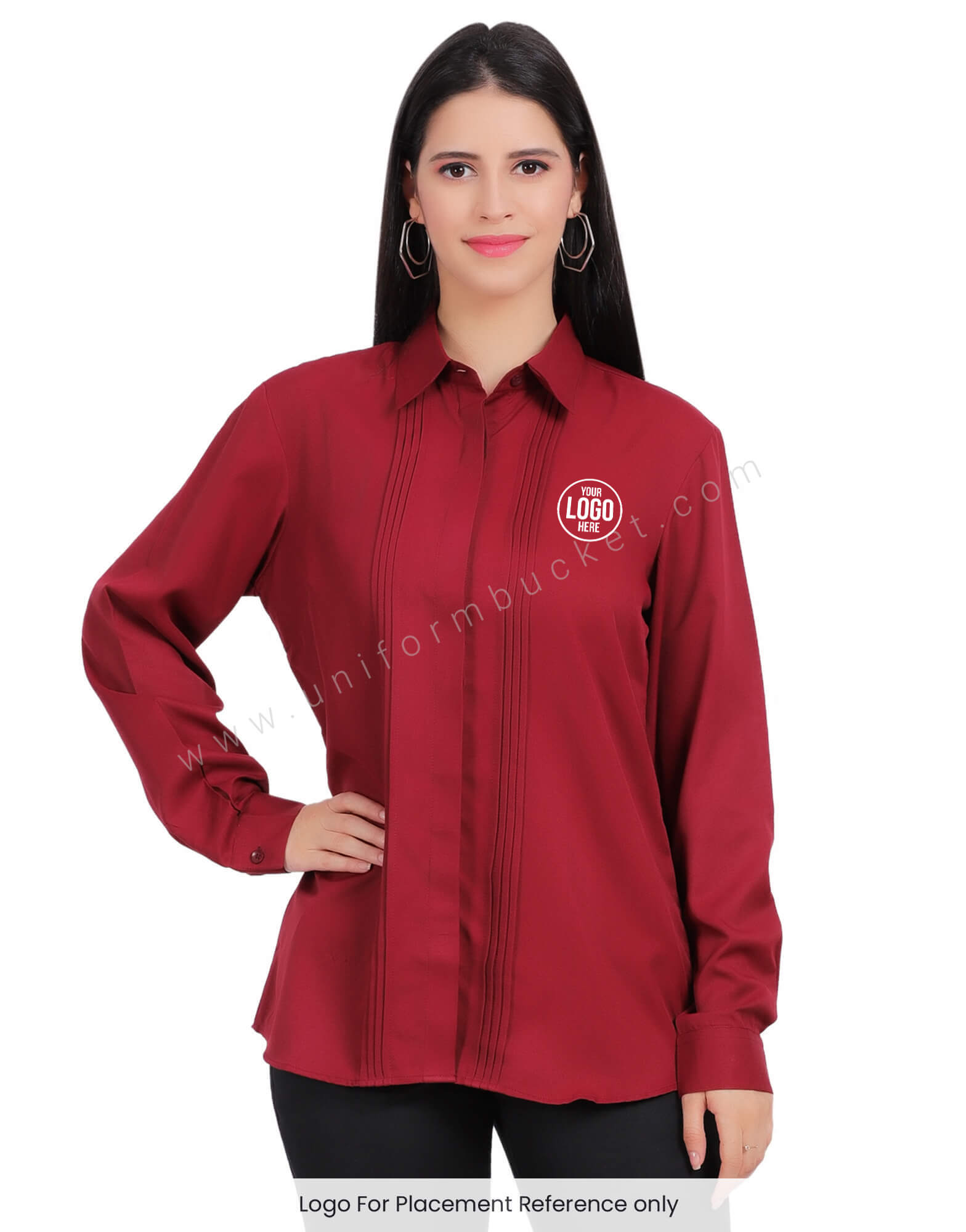 FEMALE MAROON HIDDEN PLACKET SHIRT WITH FRONT  TUCKS