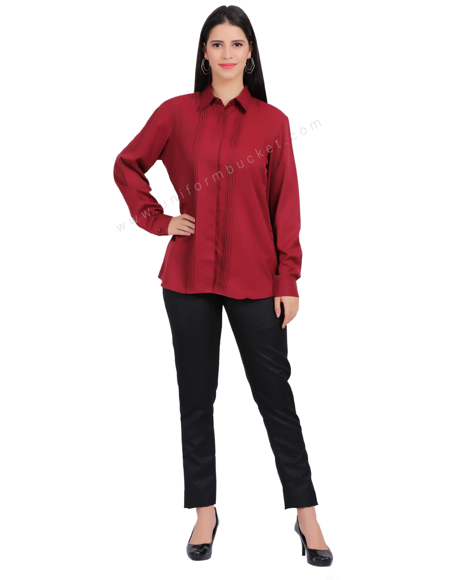 FEMALE MAROON HIDDEN PLACKET SHIRT WITH FRONT  TUCKS