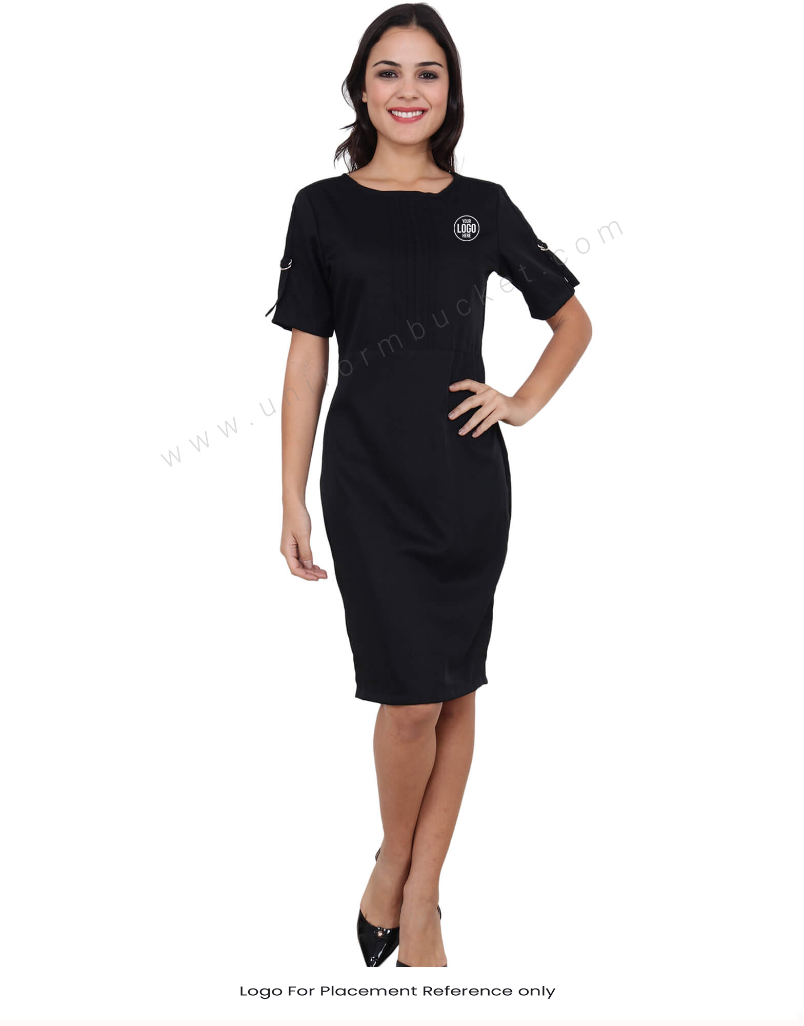 Knee Length Black Dress With Sleeve Buckles