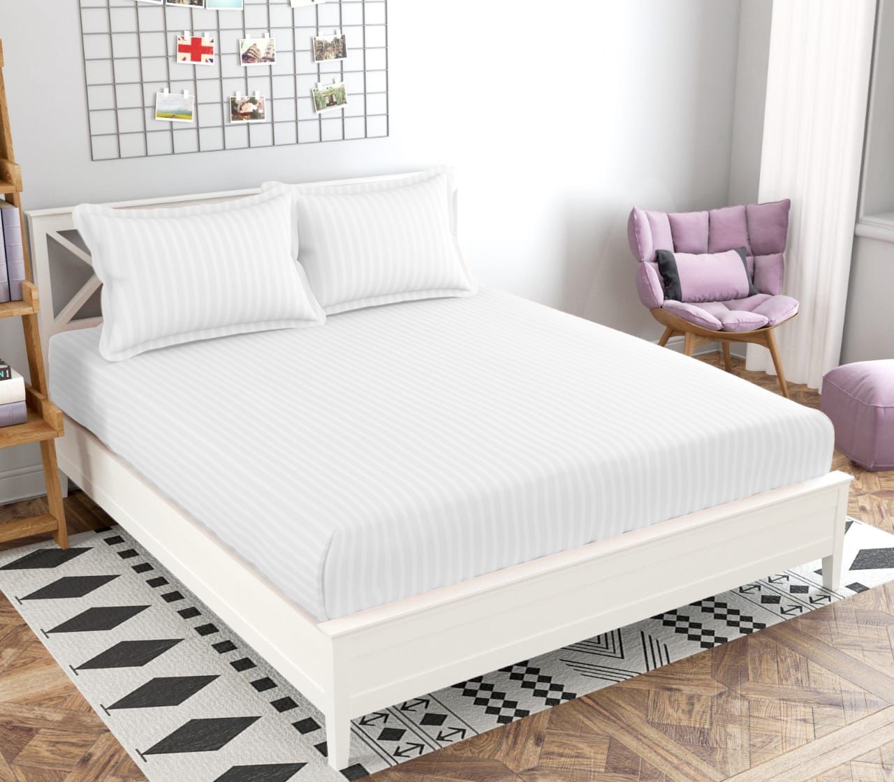 Double Bed  White Bed  Sheet With Two Pillow Cover