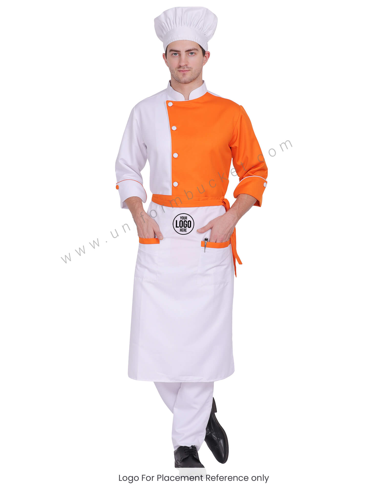 White & Orange Bistro Apron With Two Patch Pocket